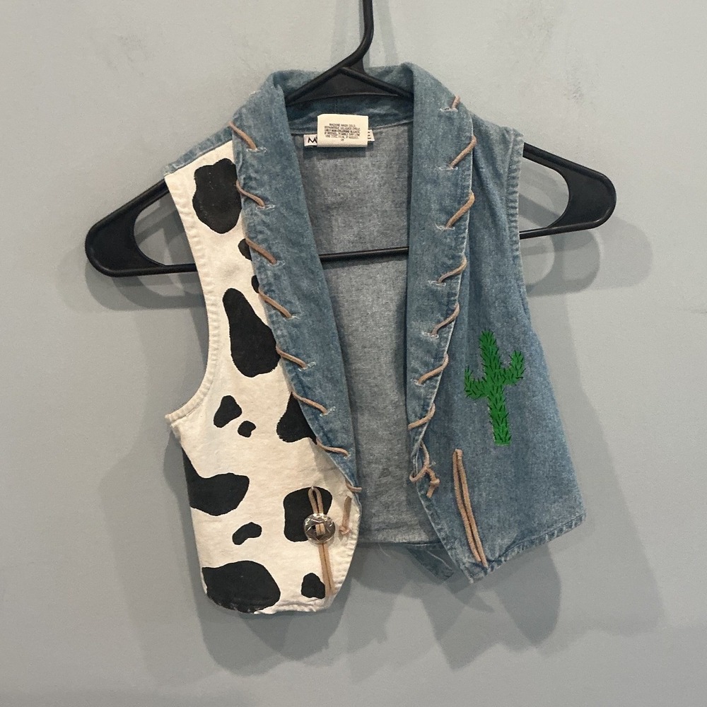 Vintage Womens Novelty Cow Print Denim Vest XS Cactus Western Country Cowgirl